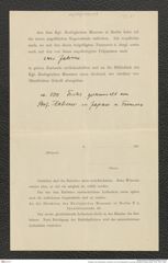 Nachlass Franz Steindachner, Leihschein von Franz Steindachner an das Kgl. Zoologische Museum Berlin, Inv.Nr. 193.01, Seite 1
